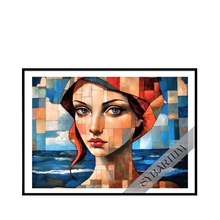 Front view of framed “Mi Costa del Sol” artwork featuring a geometric portrait inspired by Mediterranean colors and coastal scenery.