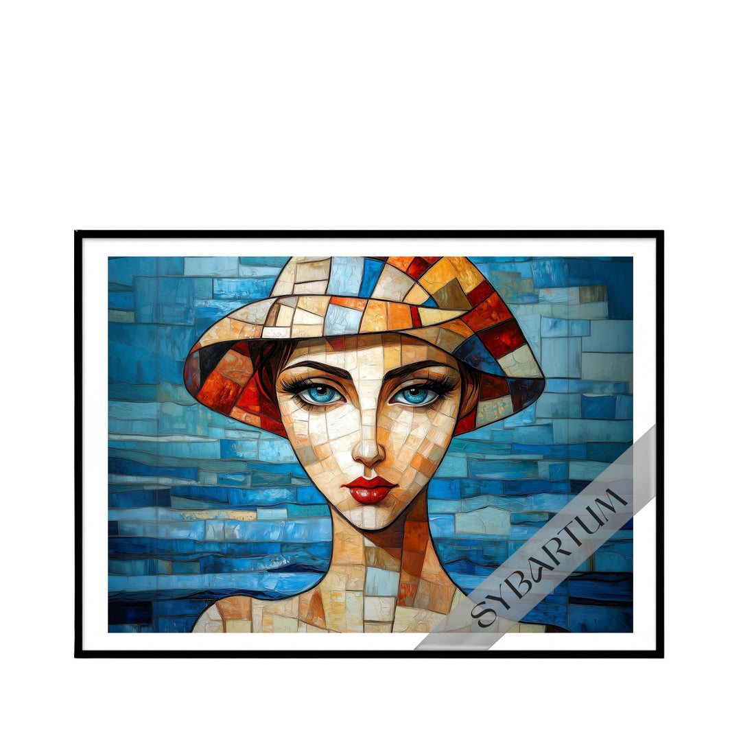 Front view of framed “Mi Costa del Sol” artwork featuring a geometric portrait inspired by Mediterranean colors and coastal scenery.