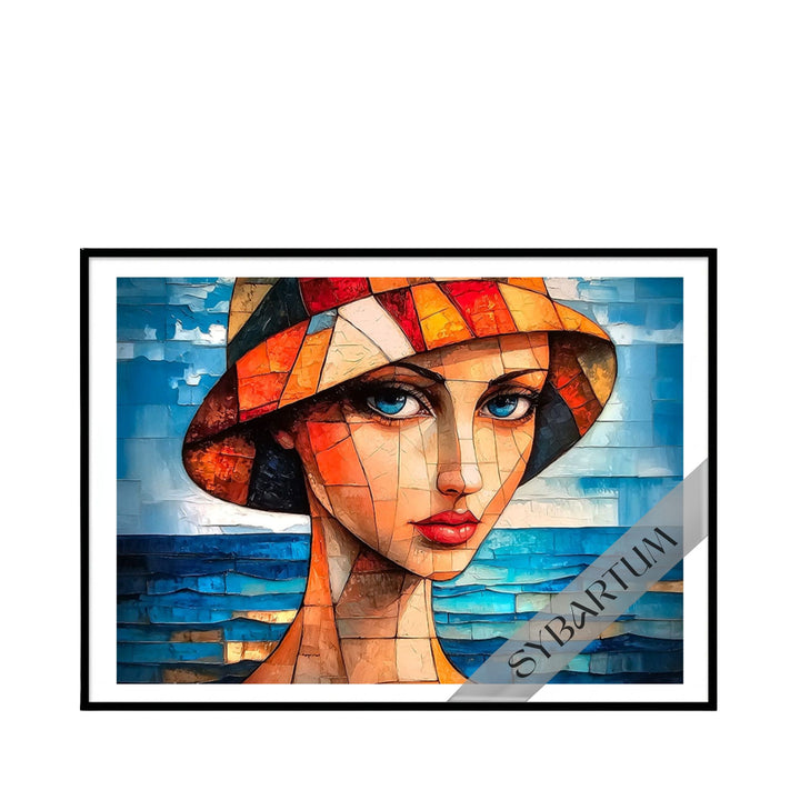 Front view of framed “Mi Costa del Sol” artwork featuring a geometric portrait inspired by Mediterranean colors and coastal scenery.