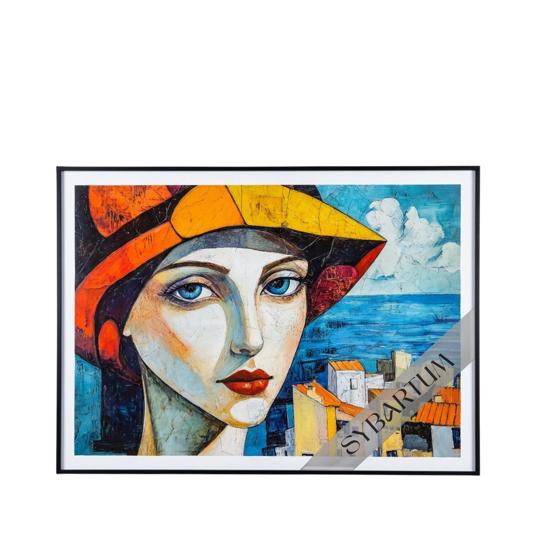 Front view of framed “Mi Costa del Sol” artwork featuring a geometric portrait inspired by Mediterranean colors and coastal scenery.
