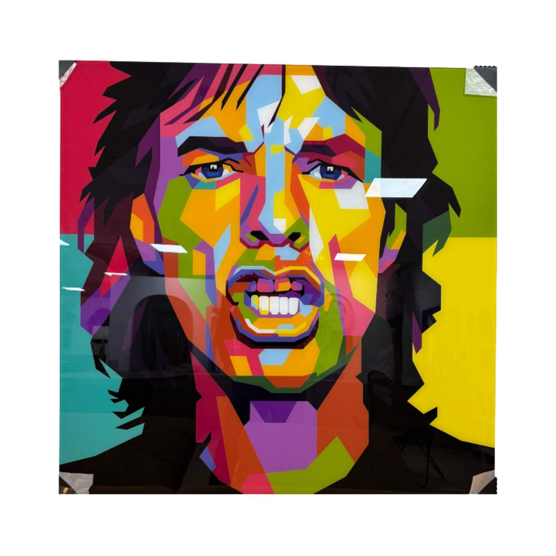 Front view of the Mick Jagger painting with a vibrant geometric pop-art portrait in bold multicolour tones