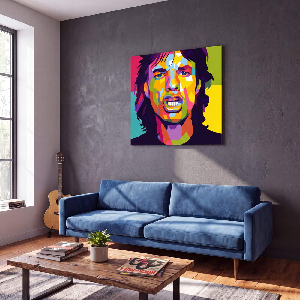 Mick Jagger pop-art painting displayed above a blue sofa in a contemporary living room