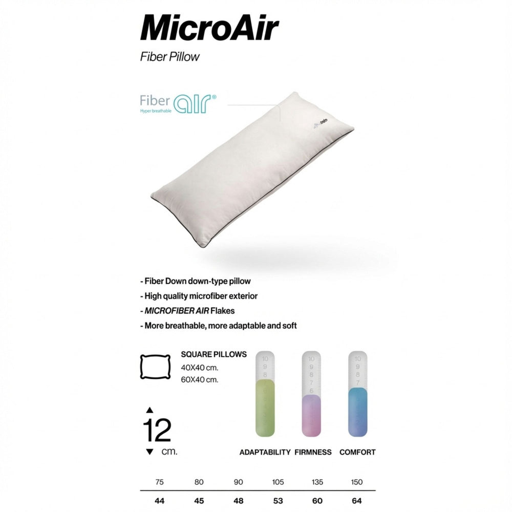 Technical diagram of the MicroAir Pillow highlighting microfiber filling and breathability features.