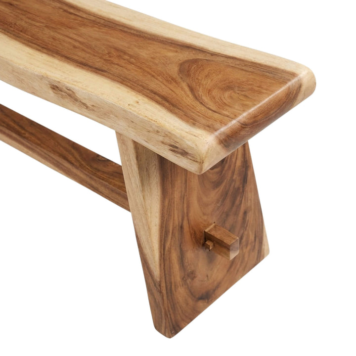 Close-up detail highlighting the rich suar wood grain and smooth handcrafted finish.