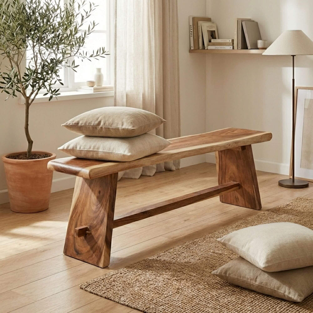 Styled interior setting featuring the Midas bench with cushions in a minimalist room.