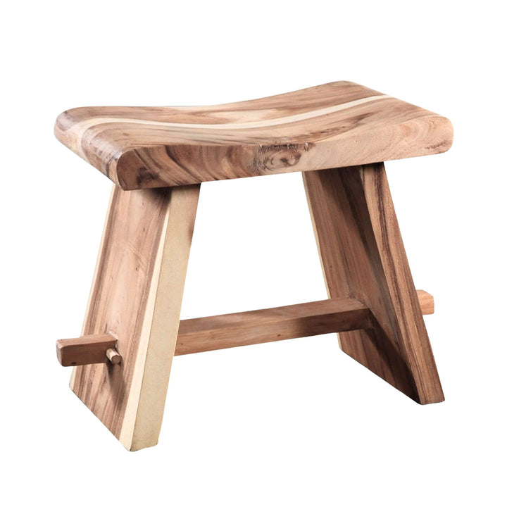 Midas suar stool showcasing its sculpted seat and natural wood grain.