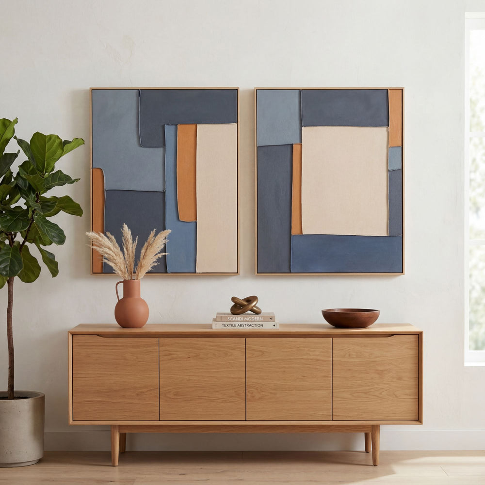 Styled interior setting featuring the Midnight Frame artwork displayed above a wooden sideboard.