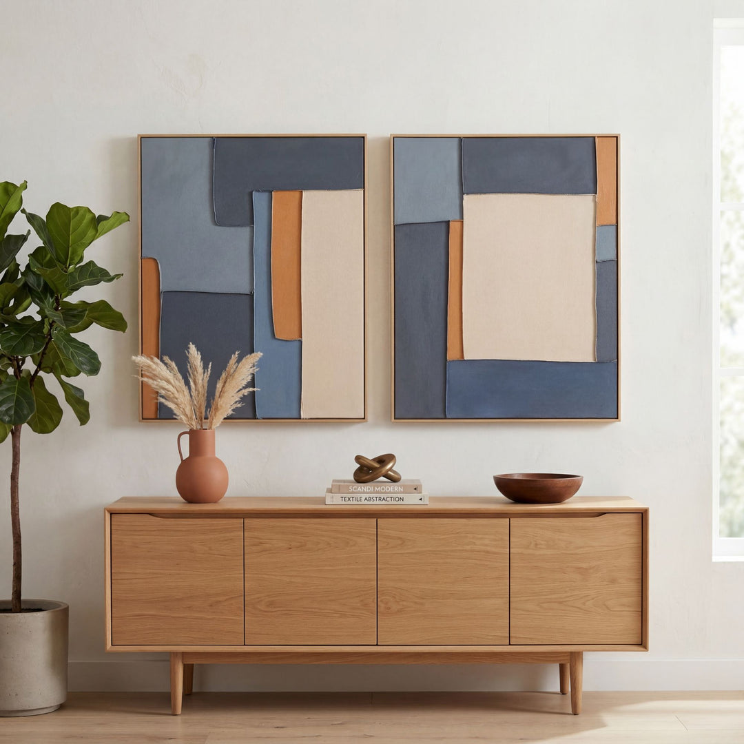 Styled interior setting featuring the Midnight Frame artwork displayed above a wooden sideboard.
