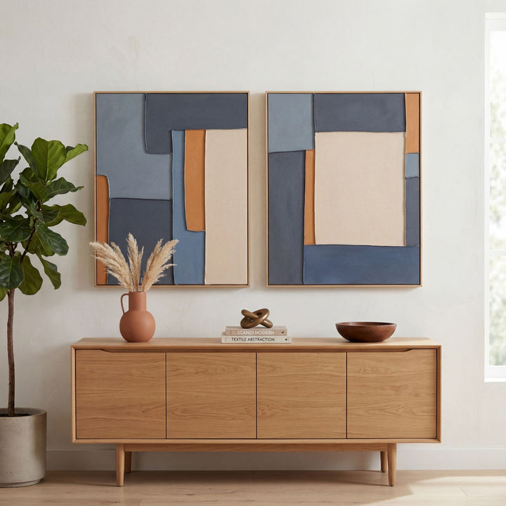Styled interior setting featuring the Midnight Frame artwork displayed above a wooden sideboard.