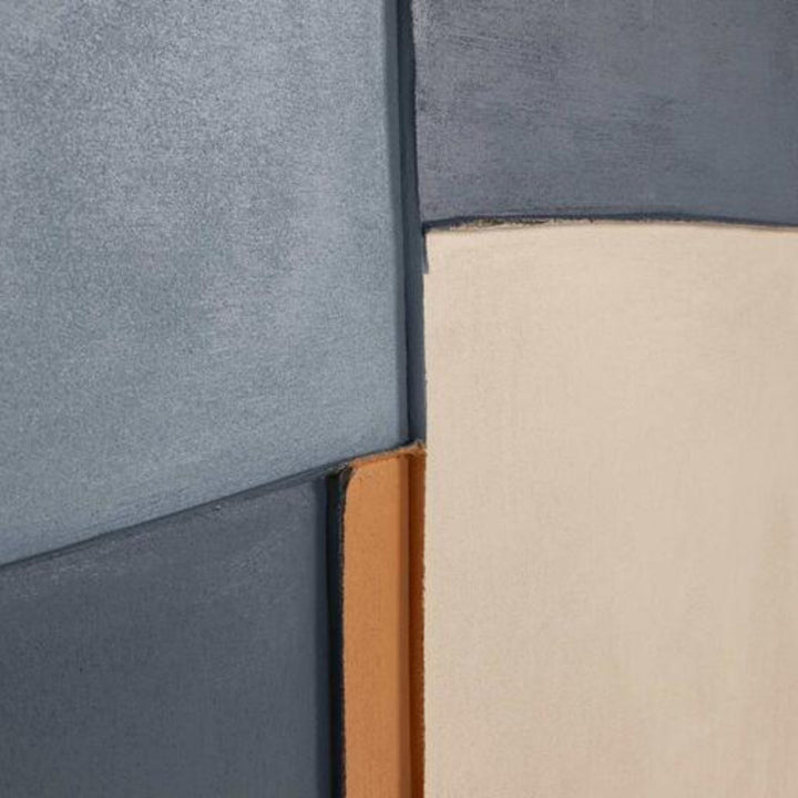 Close-up of the hand-painted abstract composition in midnight blue, neutral, and earthy tones.