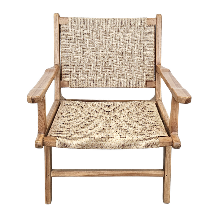 Front view of Milaidhoo lounge armchair showcasing teak wood frame and woven rattan seat.