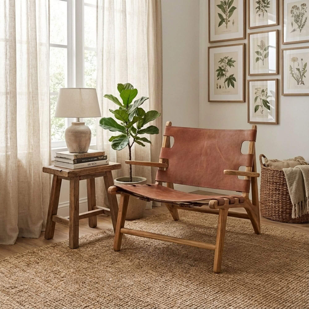 Styled interior scene featuring the Milaidhoo leather armchair in a warm, natural living space.
