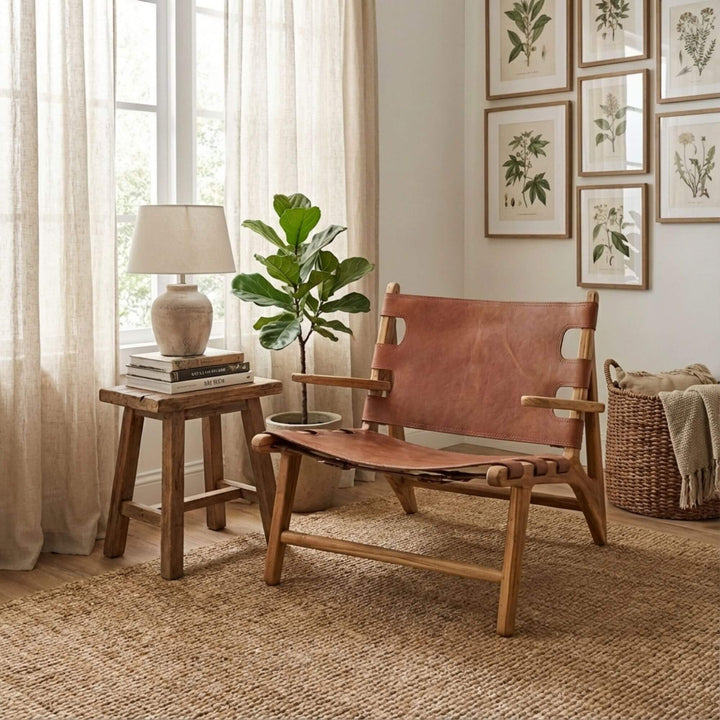 Styled interior scene featuring the Milaidhoo leather armchair in a warm, natural living space.