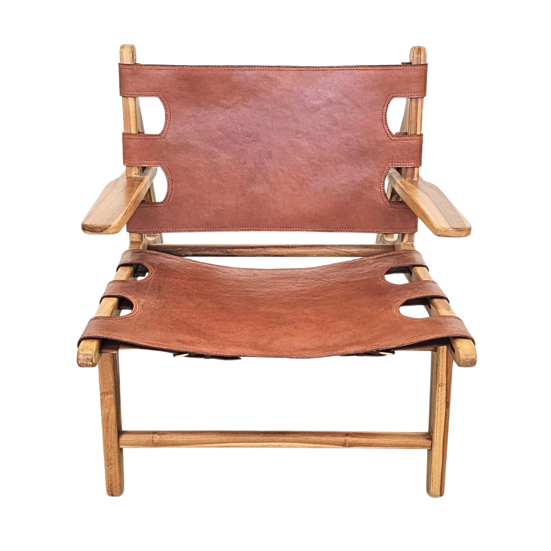 Front view of Milaidhoo leather lounge armchair showcasing its teak wood frame and suspended leather seat.
