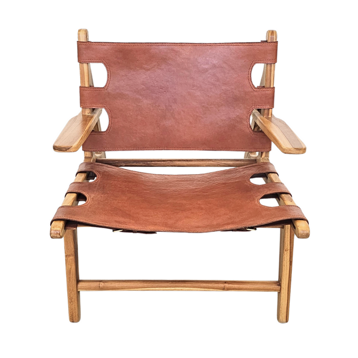 Front view of Milaidhoo leather lounge armchair showcasing its teak wood frame and suspended leather seat.