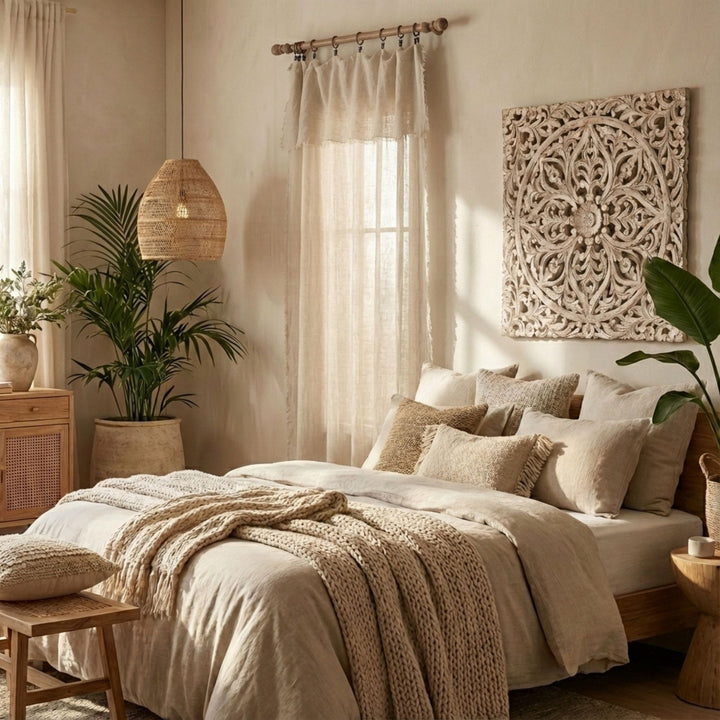 Bedroom setting featuring the Milos curtain filtering natural light with a relaxed, airy feel.