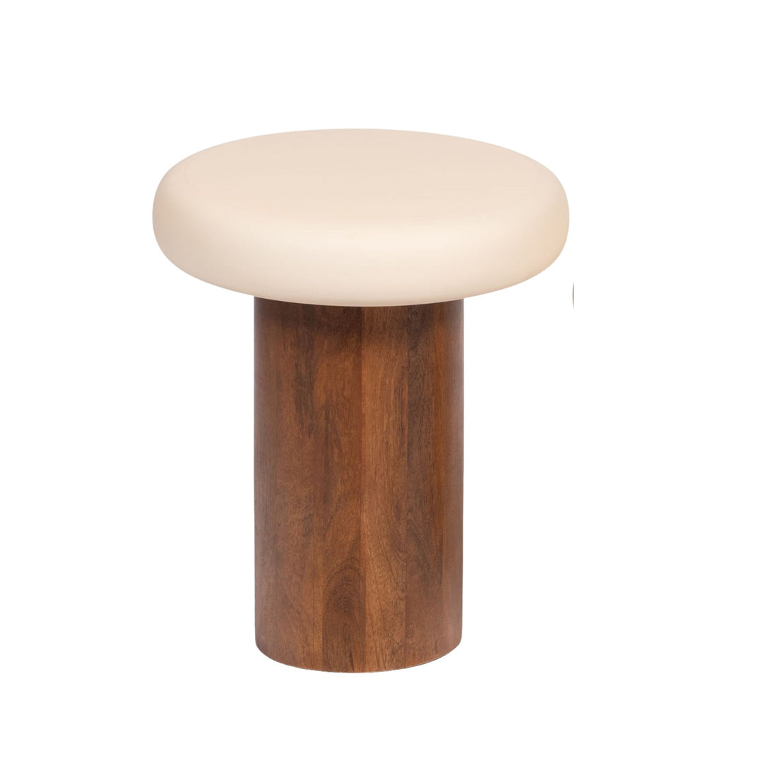 Front view of the tall Milo side table highlighting its rounded top and slender cylindrical wood base.