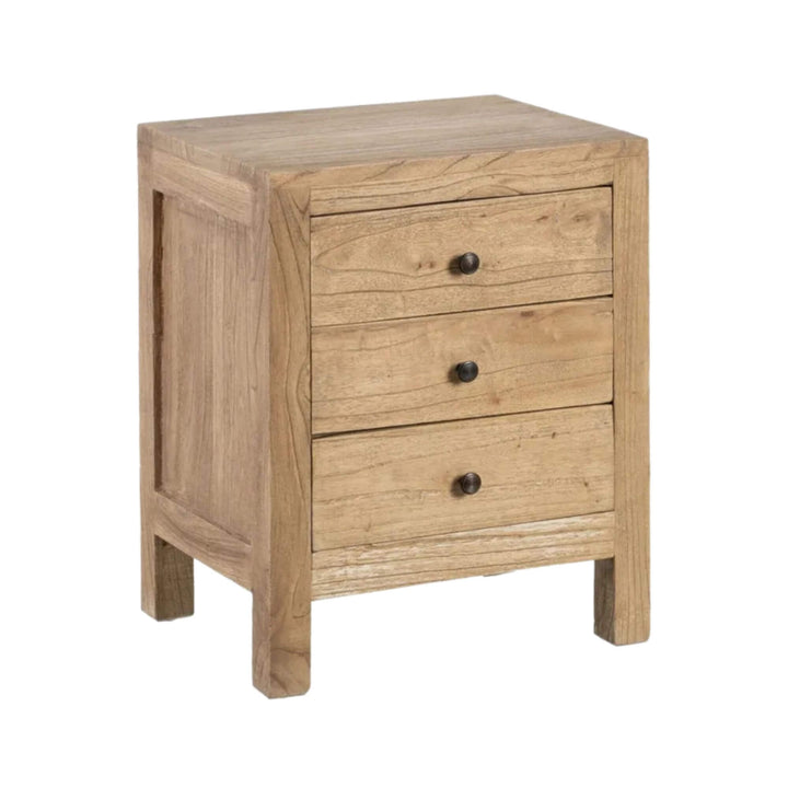 Angled view of mindi wood bedside table with three drawers