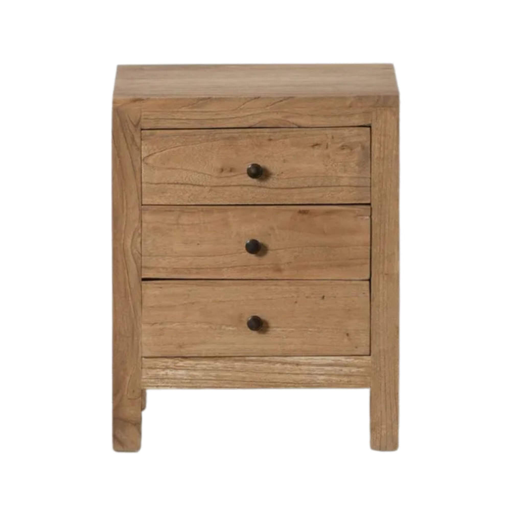 Front view of wooden nightstand with natural finish and metal knobs