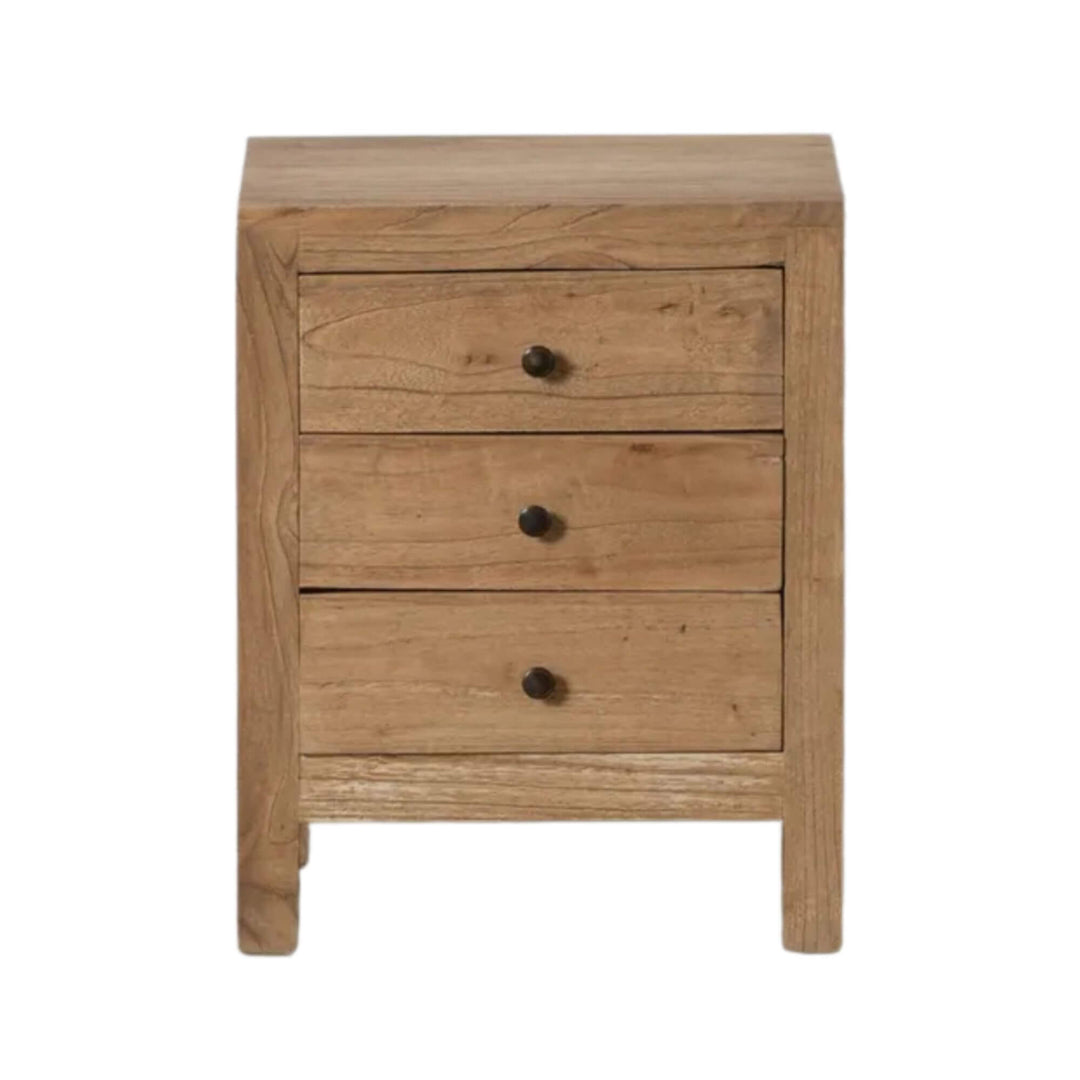 Front view of wooden nightstand with natural finish and metal knobs
