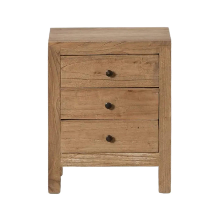 Front view of wooden nightstand with natural finish and metal knobs