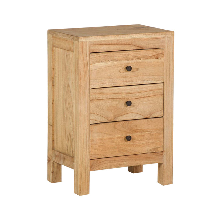 Front view of the mindi bedside table showing its three drawers, natural wood finish, and compact proportions.