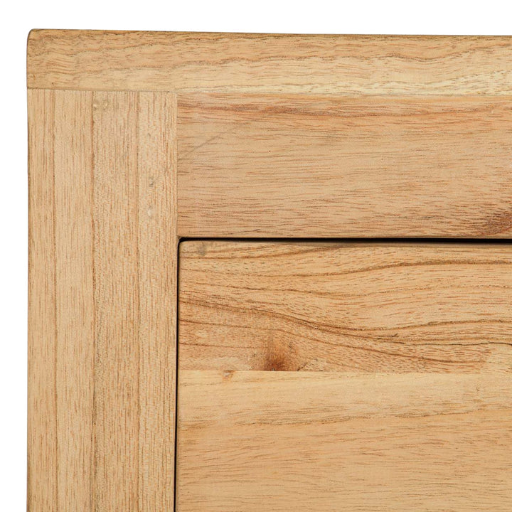 Close-up detail of the drawer fronts showing the natural mindi wood grain and frame construction.