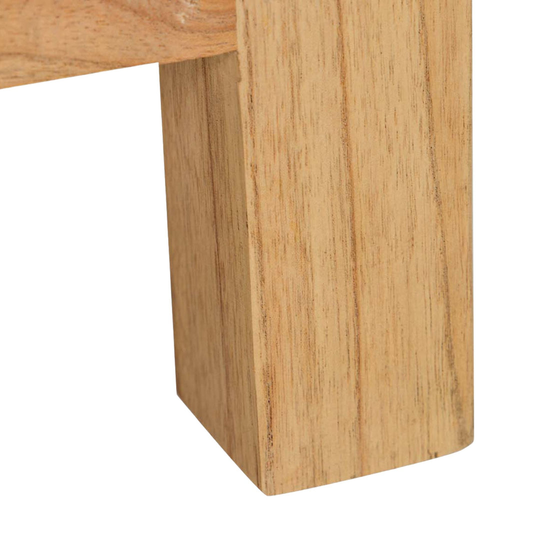 Close-up of the table leg and side panel showing the clean lines and natural wood texture.