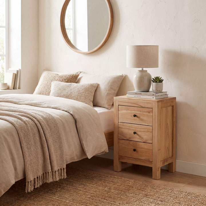 Styled bedroom setting featuring the mindi bedside table beside a bed in a warm natural interior.
