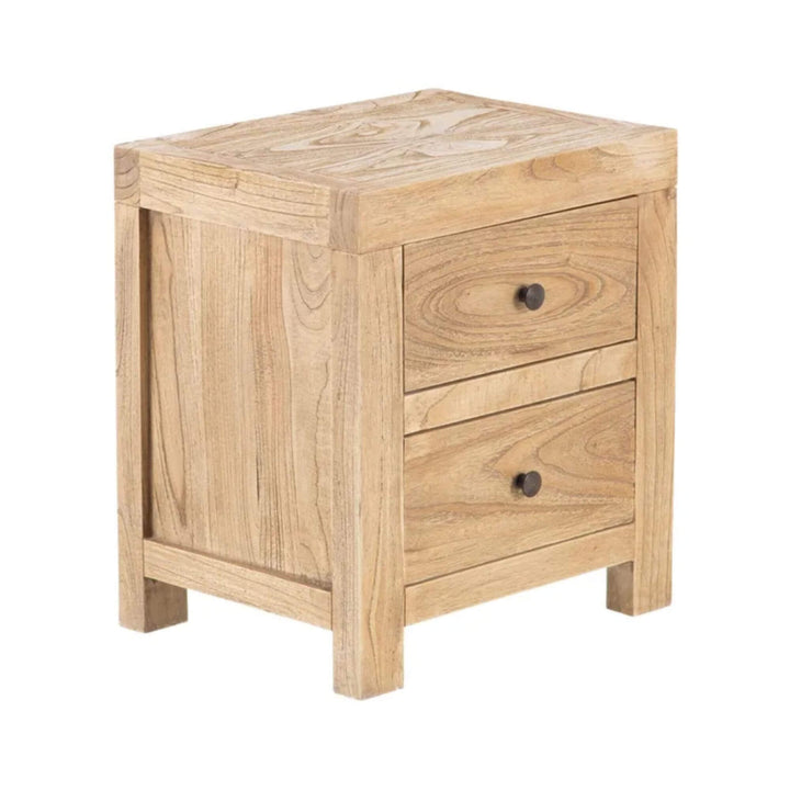 Side view of compact wooden bedside table