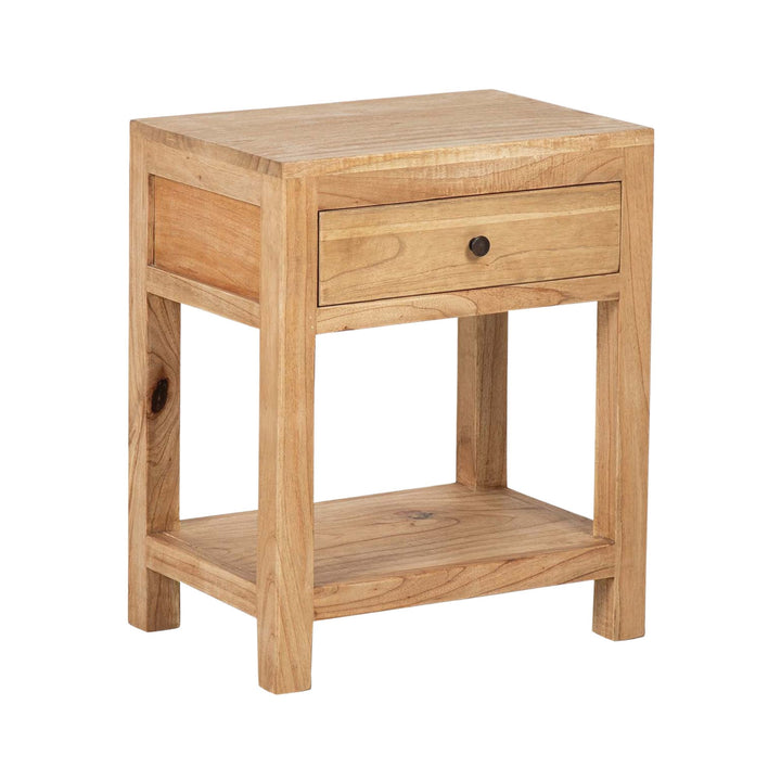 Front view of the mindi bedside table showing its single drawer, open lower shelf, and natural wood finish.