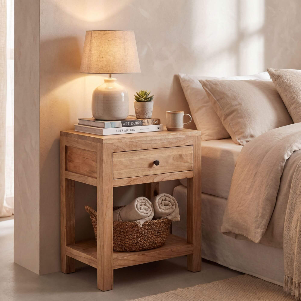 Styled bedroom setting featuring the mindi bedside table beside a bed in a warm natural interior.