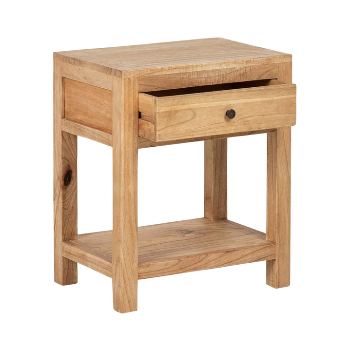Front angled view of the bedside table highlighting its clean lines and practical storage design.