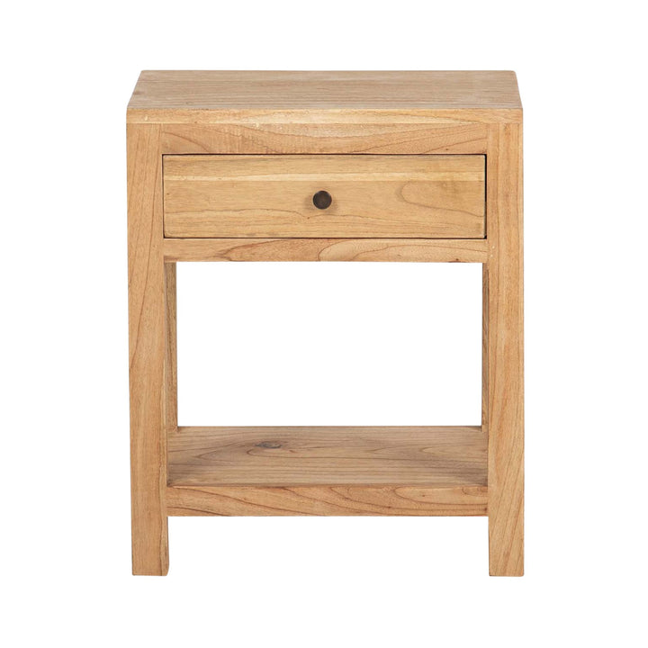 Front view of the table showing the drawer, open shelf, and compact proportions.