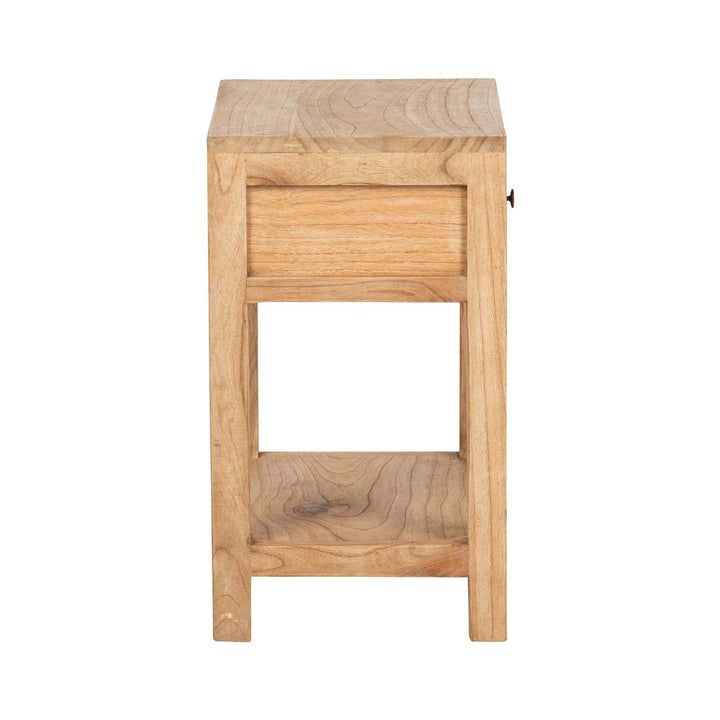 Side view of the bedside table highlighting its simple structure and natural wood grain.