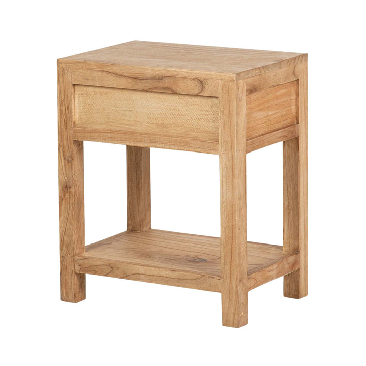 Angled view of the table showing its balanced silhouette and warm mindi wood tones.