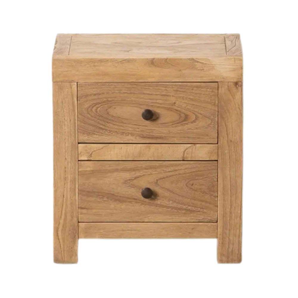 Front view of Mindi wood bedside table with two drawers