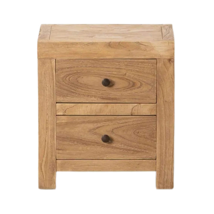 Front view of Mindi wood bedside table with two drawers