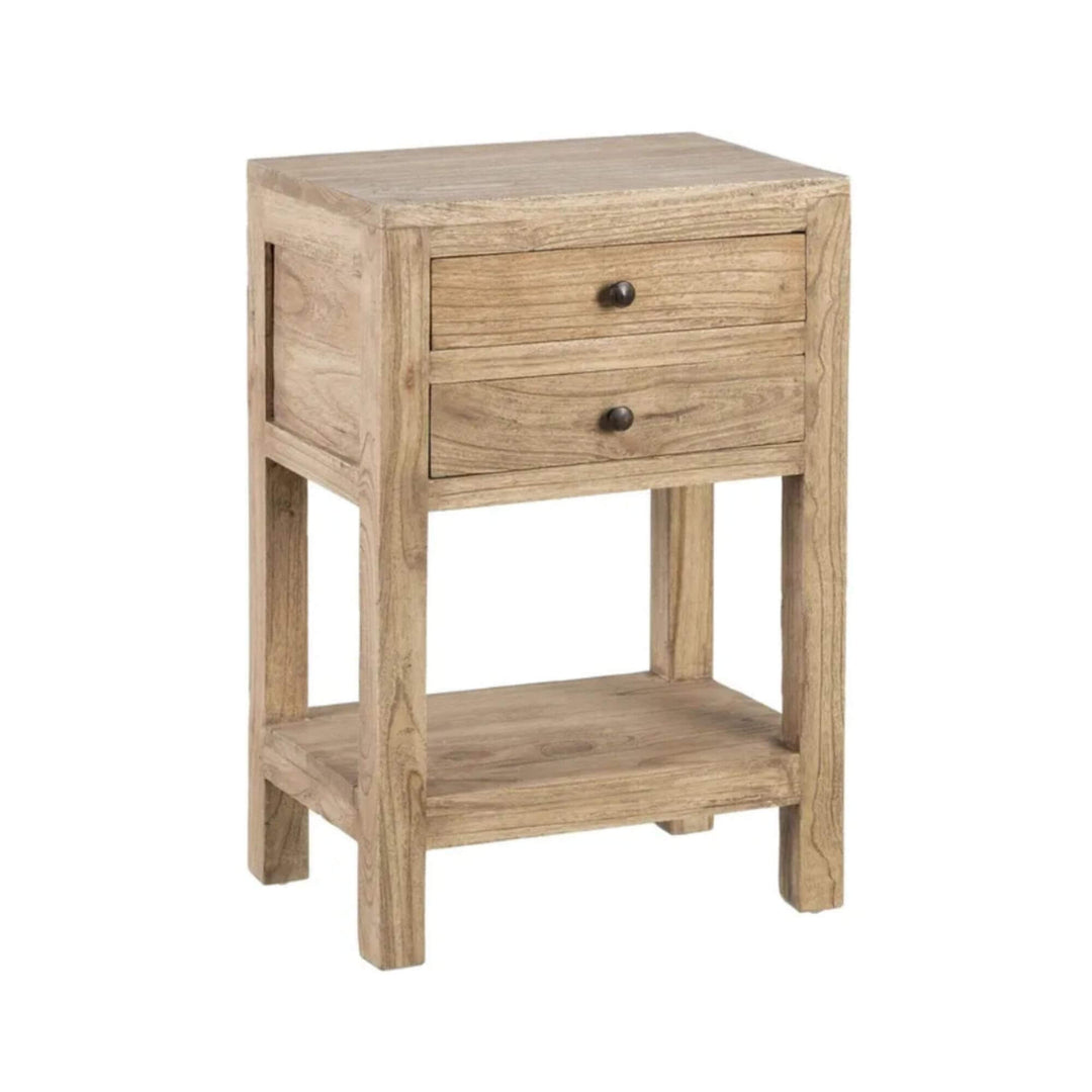 Angled view mindi wood bedside table with two drawers and shelf