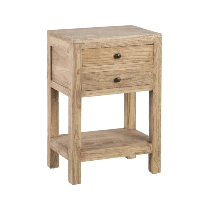 Front view of the mindi bedside table showing its two drawers, open lower shelf, and natural wood finish.
