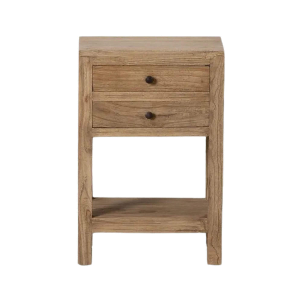 Front view of natural wooden nightstand with open lower storage