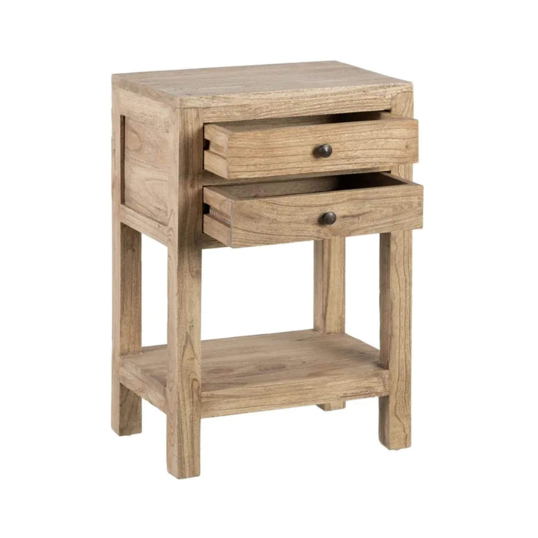 Angled view of the table with drawers open showing the storage space and natural wood construction.