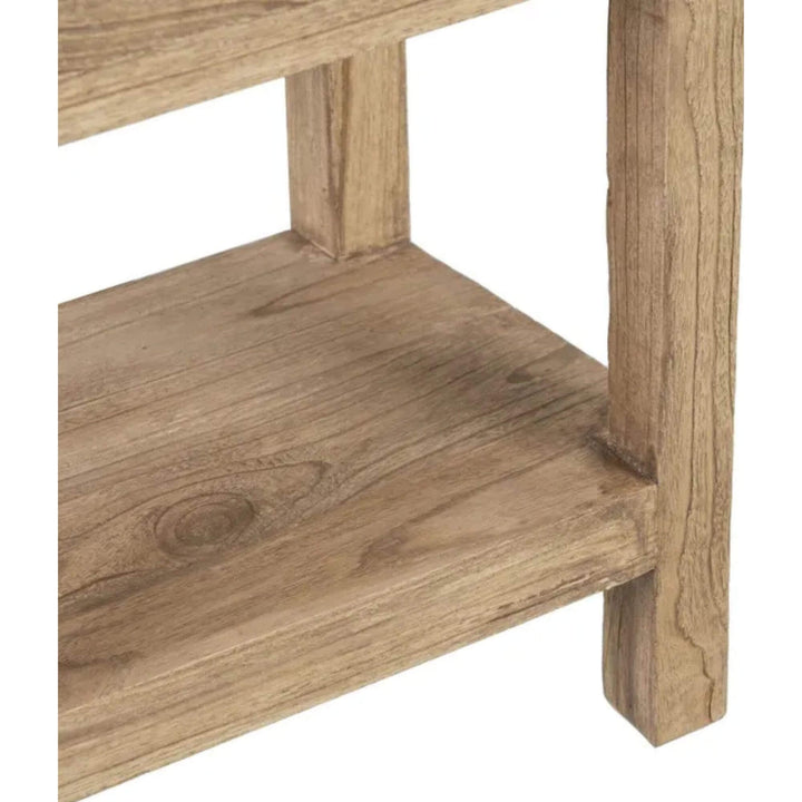 Bottom view of compact wooden bedside cabinet with shelf