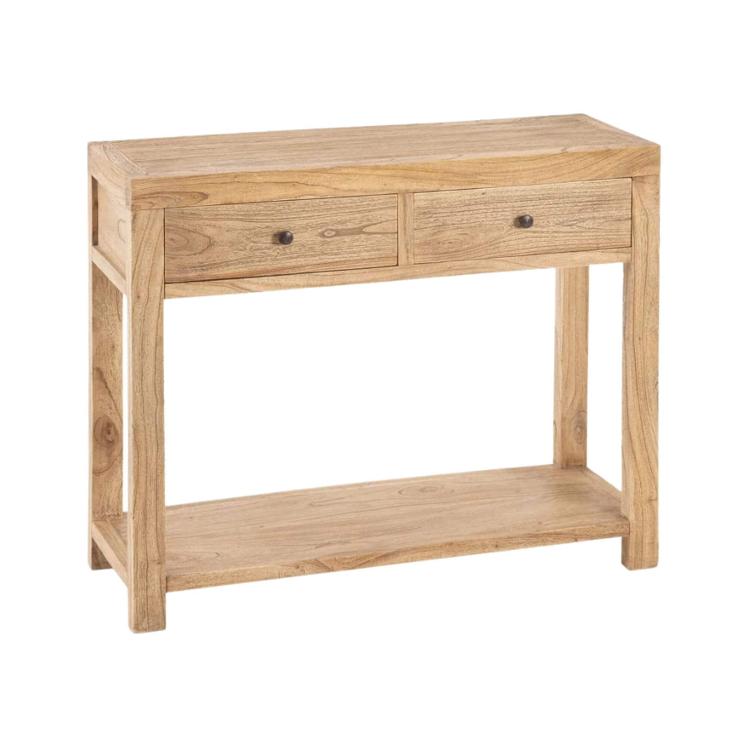 Angled view of Mindi wood console table with two drawers and shelf