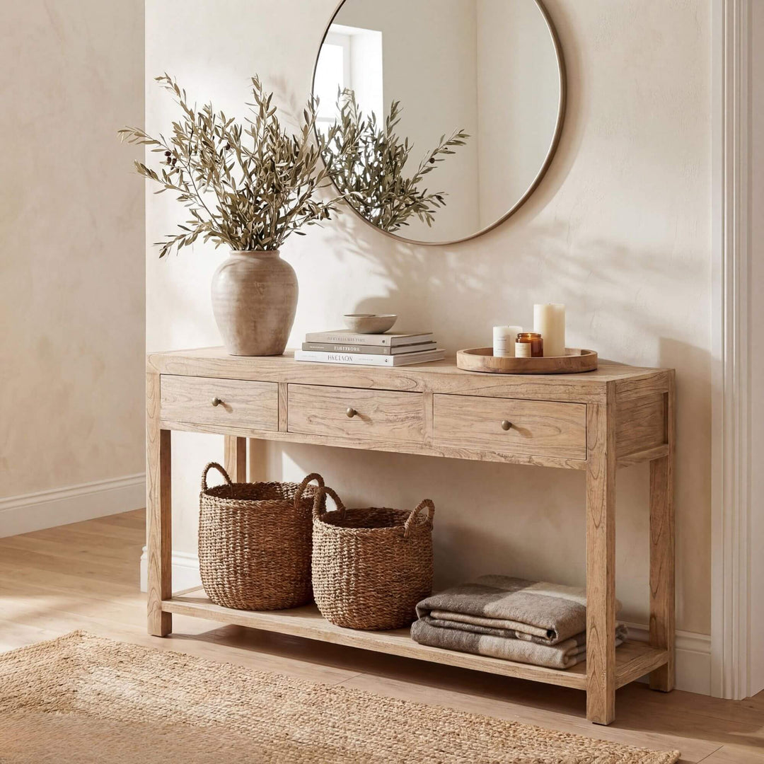 Styled interior setting featuring the mindi console table beneath a round mirror in a warm natural space.