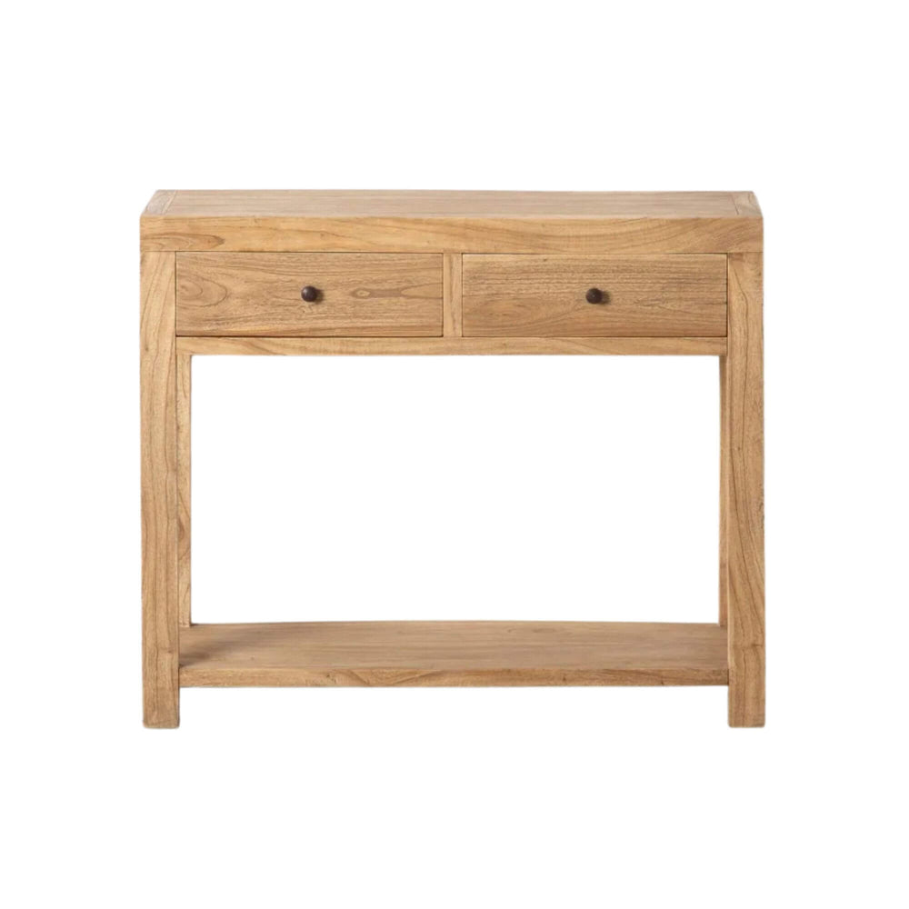 Front view of Natural wood hallway console table minimalist design