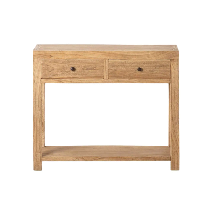Front view of Natural wood hallway console table minimalist design