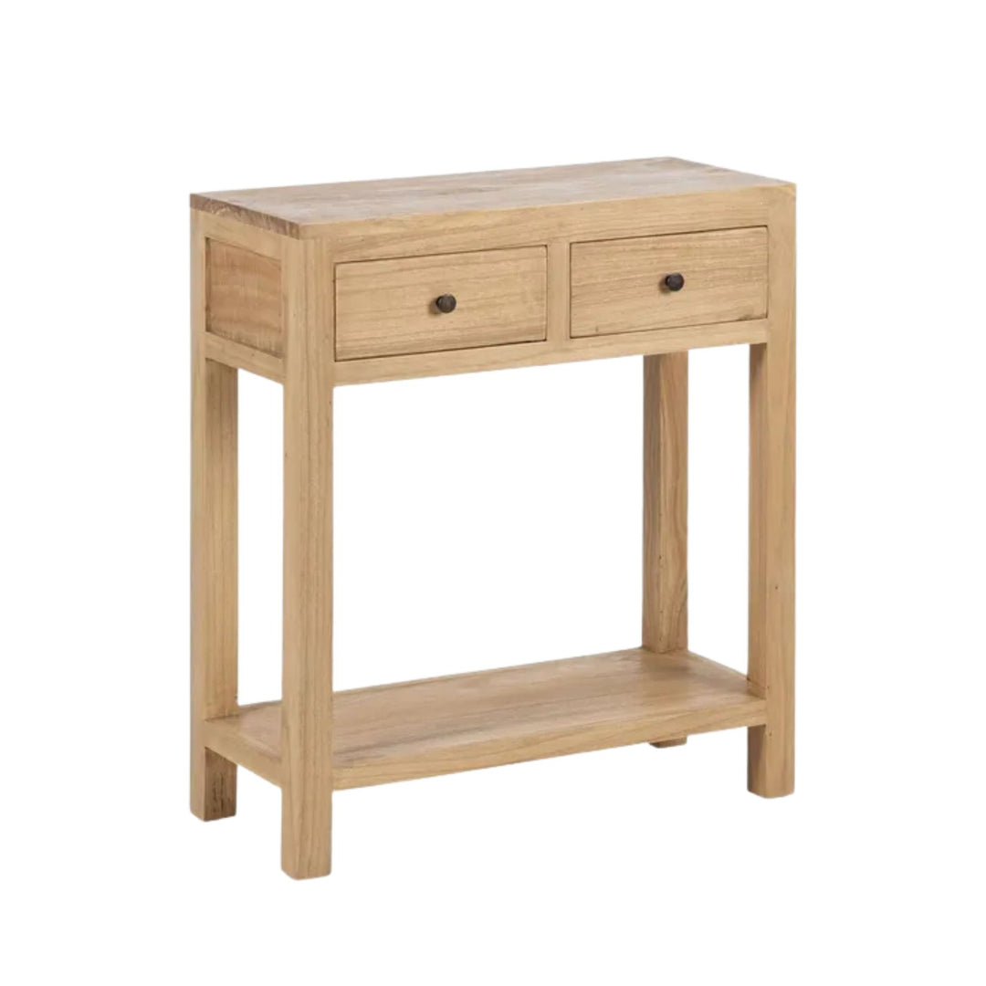 Front view of the mindi console table showing its two drawers, lower shelf, and natural wood finish.