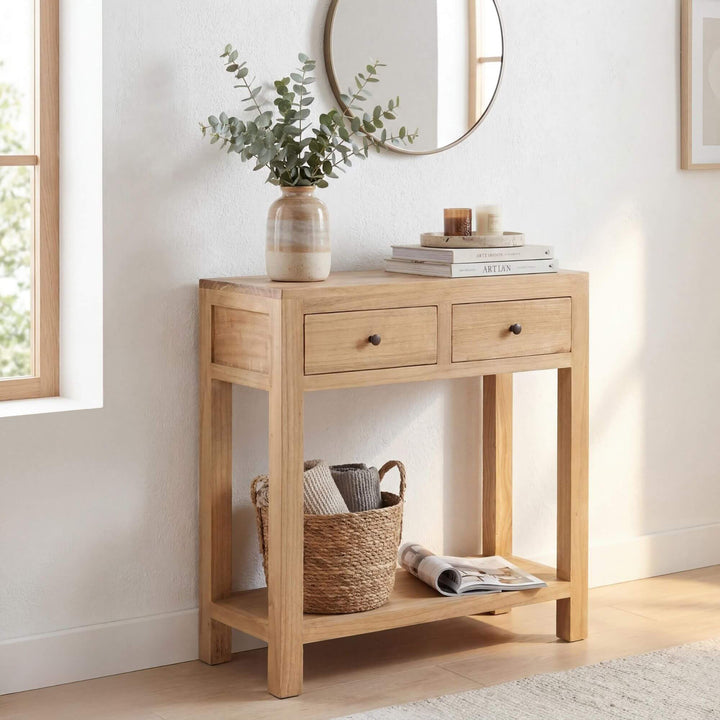 Styled interior setting featuring the mindi console table beneath a mirror in a warm natural space.