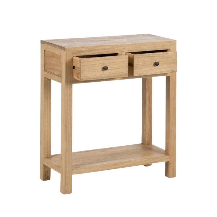 Front angled view of the console table highlighting its compact proportions and simple wood structure.
